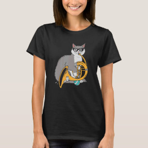 Cat Playing French Horn Playing Music Black Glasse T-Shirt