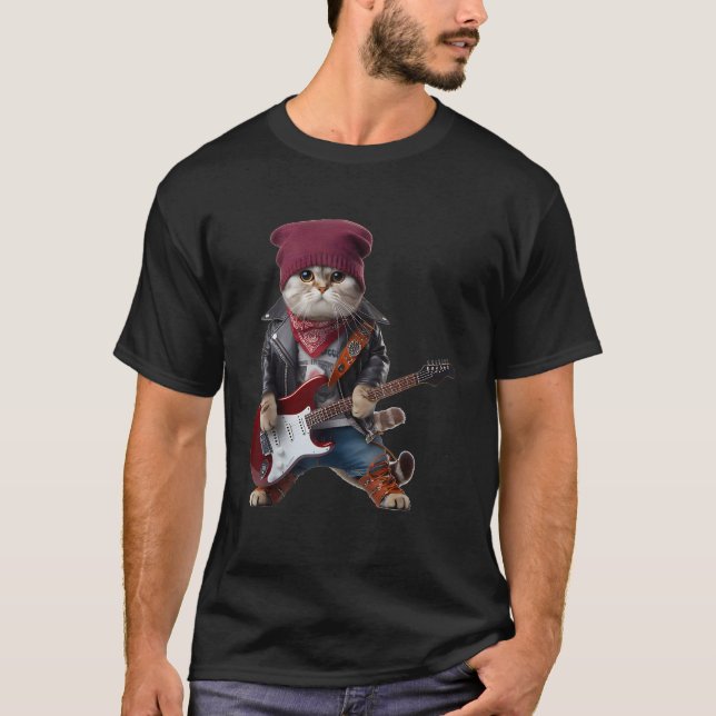 Cat Playing Guitar Cute Funny Cute Kitten Rock Roc T-Shirt (Front)