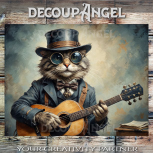 Cat Playing Guitar -Decoupage- Tissue Paper