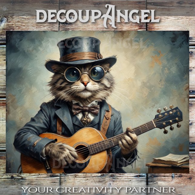 Cat Playing Guitar -Decoupage- Tissue Paper (Creator Uploaded)