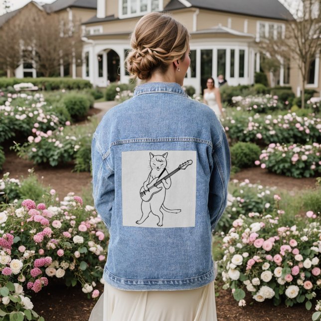 Cat playing guitar Denim Jean Jacket (Wedding Back)