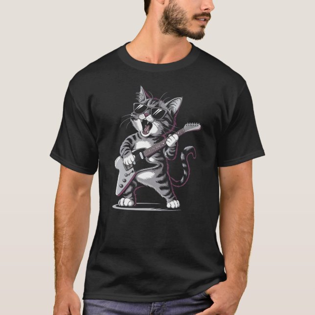 Cat Playing Guitar - Fun Cat Lover and Guitarist A T-Shirt (Front)