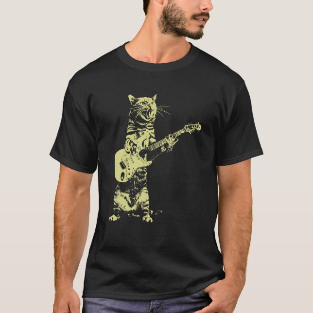 Cat Playing Guitar Funny Guitarist Kitten Musician T-Shirt (Front)
