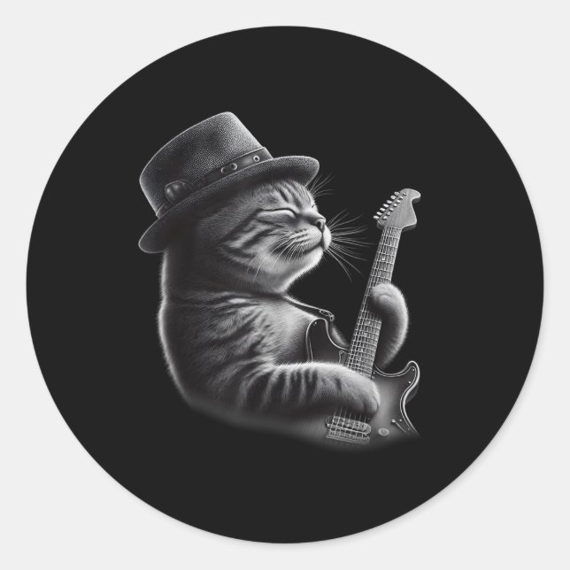 Cat Playing Guitar - Funny Rock Music Guitar Cat  Classic Round Sticker (Front)