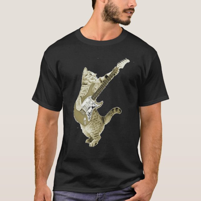 Cat Playing Guitar Kitten Guitarist Rockstar T-Shirt (Front)