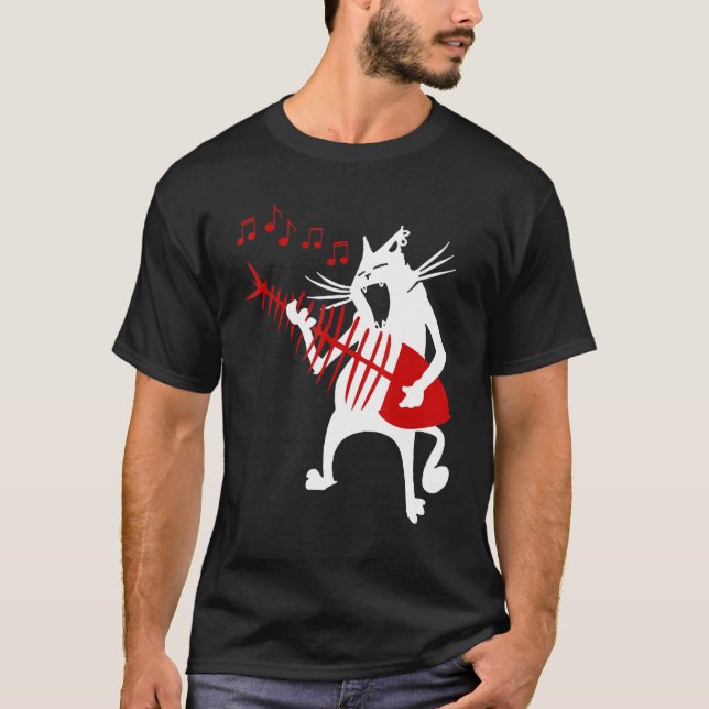Cat Playing Guitar Music  Rock Roll Christmas T-Shirt (Front)