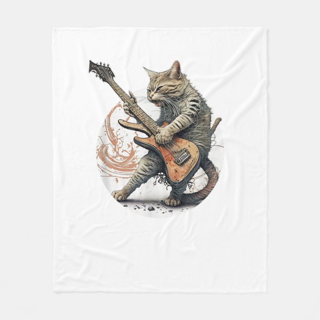 Cat Playing Guitar  Rock Cat  Heavy Metal Cat  Mus Fleece Blanket (Front)
