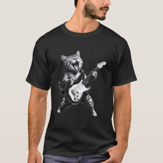 Cat Playing Guitar Rock & Roll Star Kitten Heavy M T-Shirt