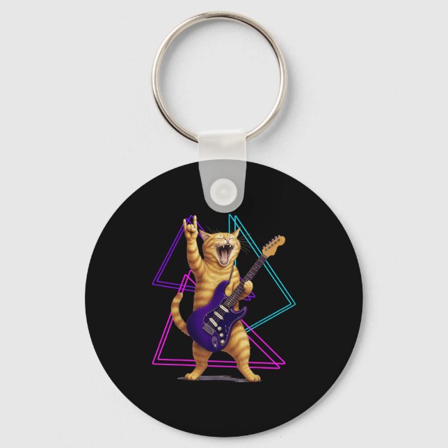 Cat Playing Guitar Rock Star Rock And Roll Men Wom Key Ring (Front)