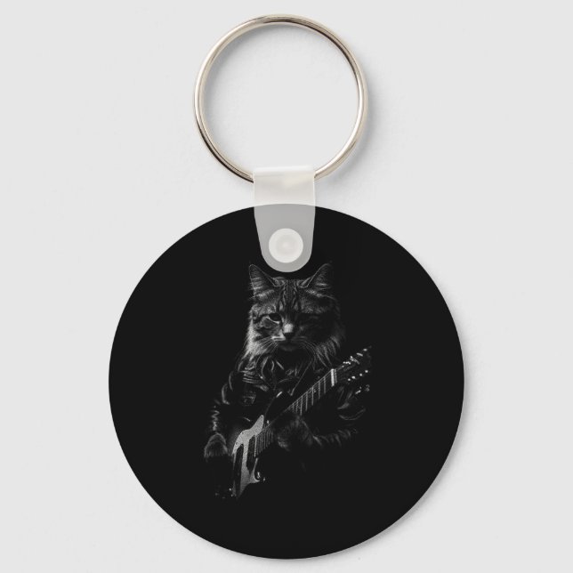 Cat Playing Guitar Rock Star Rock And Roll Men Wom Key Ring (Front)