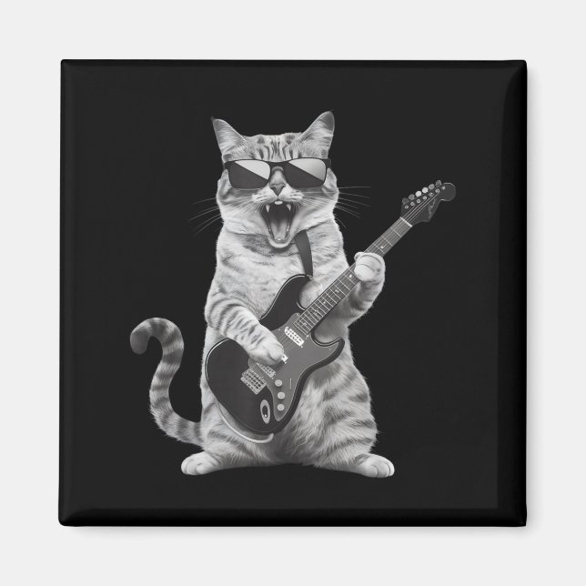 Cat Playing Guitar Rock Star Rock And Roll Men Wom Magnet (Front)