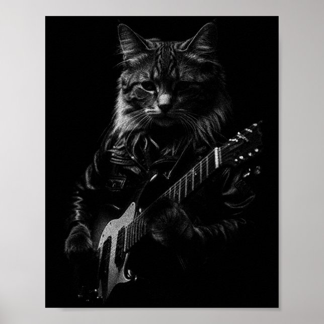 Cat Playing Guitar Rock Star Rock And Roll Men Wom Poster (Front)