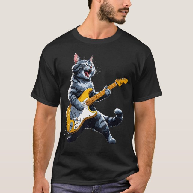 Cat Playing Guitar Rock Star Rock And Roll Men Wom T-Shirt (Front)
