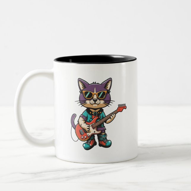 Cat playing guitar Two-Tone coffee mug (Left)