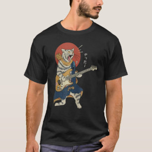 Cat Playing Guitar Ukiyo E Samurai Japanese Warrio T-Shirt
