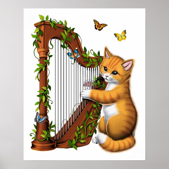 Cat Playing Harp Poster (Front)