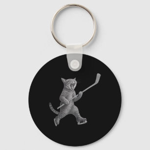 Cat Playing Ice Hockey Stick Funny Skating Cat Key Ring