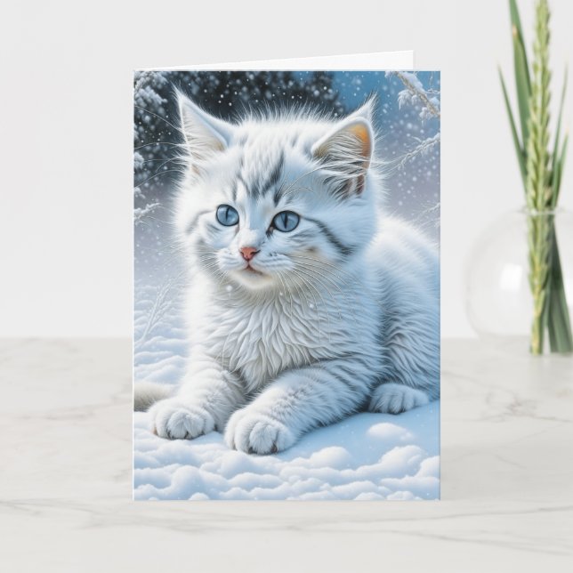 Cat Playing in the Snow Personalised Birthday Card (Front)