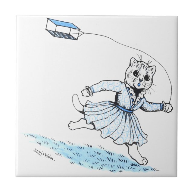 Cat Playing Kite, Louis Wain Tile (Front)