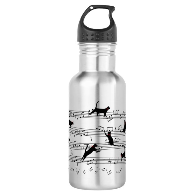 Cat Playing Note Music, Cat Music, Black Cat Gift 532 Ml Water Bottle (Front)