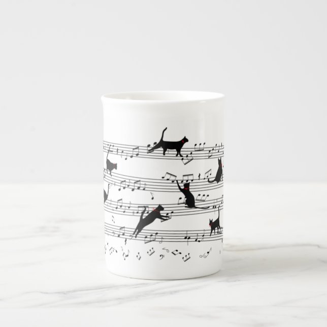 Cat Playing Note Music, Cat Music, Black Cat Gift Bone China Mug (Front)