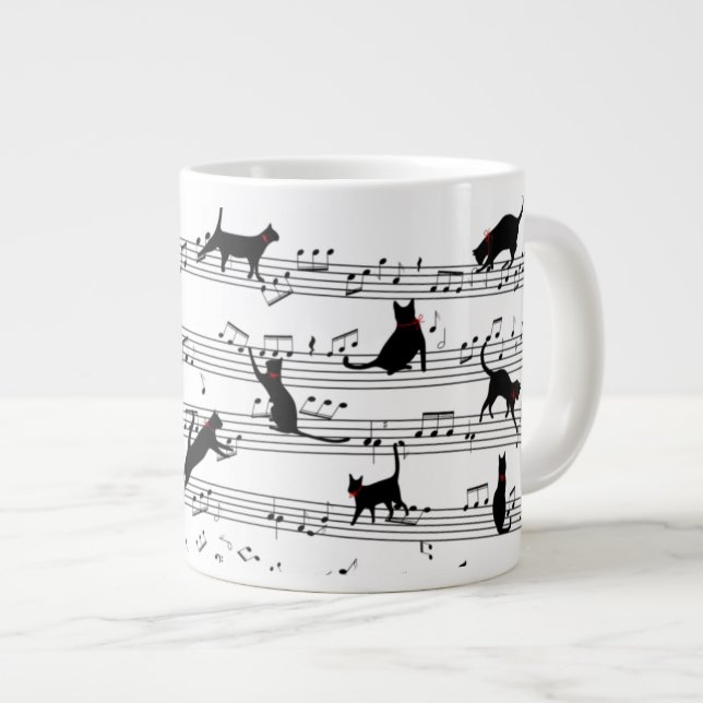 Cat Playing Note Music, Cat Music, Black Cat Gift Large Coffee Mug (Front Right)