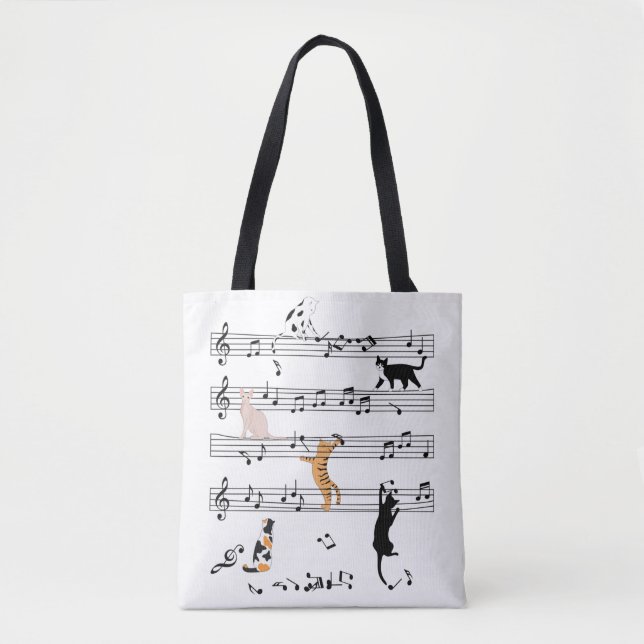 Cat Playing Note Music, Naughty Cat Gift, Cute Cat Tote Bag (Front)