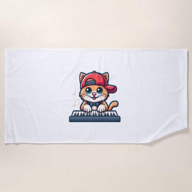 Cat Playing Piano Design for Music and Cat Lovers  Beach Towel (Front)