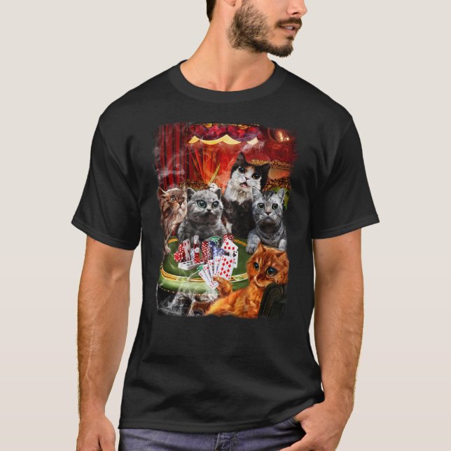 Cat Playing Poker Cards T-Shirt (Front)