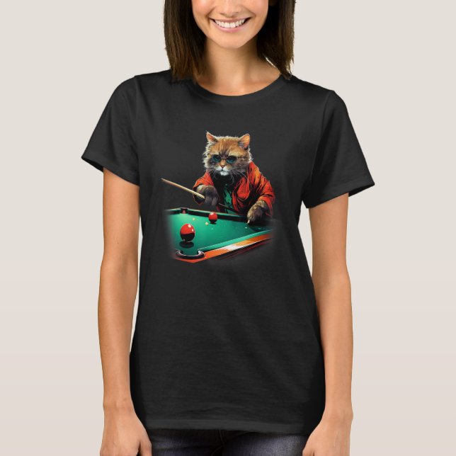 Cat Playing Pool Billiards Cool Funny Cats T-Shirt (Front)
