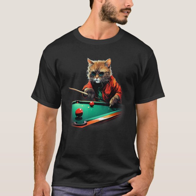 Cat Playing Pool Billiards Cool Funny Cats T-Shirt (Front)
