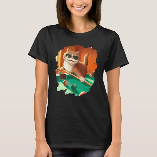Cat Playing Pool Billiards in Lounge Cool   Cats T-Shirt (Front)