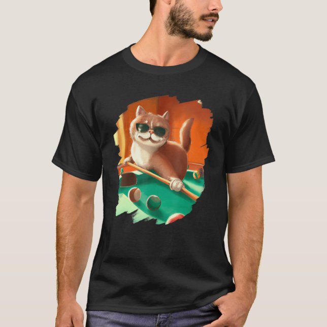 Cat Playing Pool Billiards in Lounge Cool   Cats T-Shirt (Front)