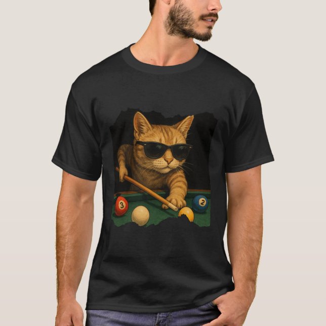 Cat Playing Pool Billiards In Lounge Cool Funny Ca T-Shirt (Front)