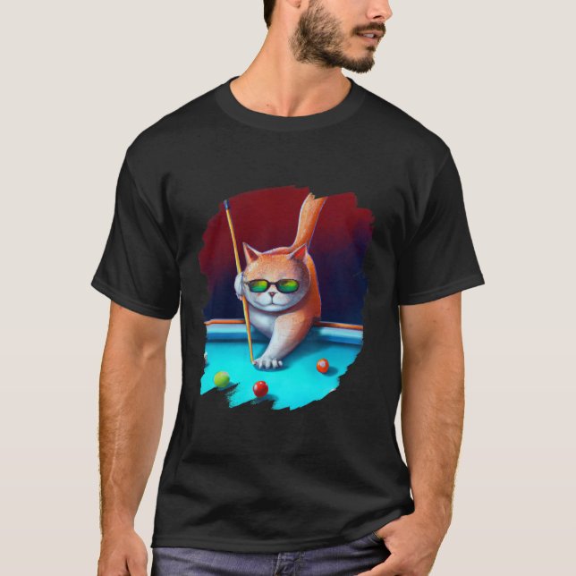 Cat Playing Pool Billiards In Lounge Cool Funny Ca T-Shirt (Front)