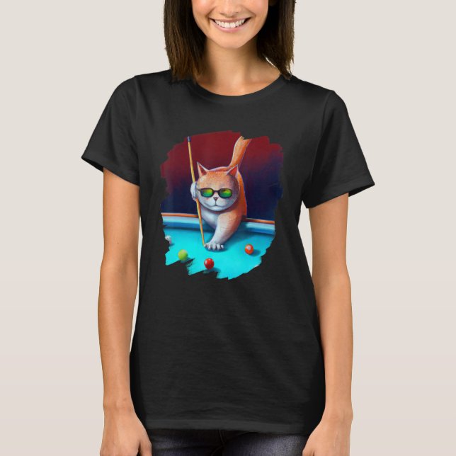 Cat Playing Pool Billiards in Lounge Cool Funny Ca T-Shirt (Front)