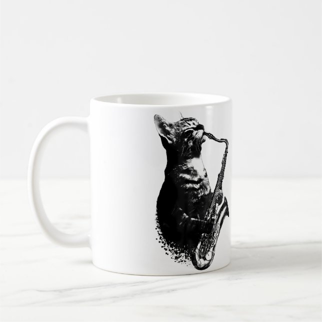 Cat Playing Saxophone Funny Cat Jazz Sax Music Sax Coffee Mug (Left)