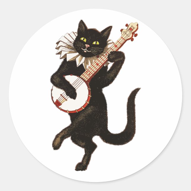 Cat Playing the Banjo Classic Round Sticker (Front)