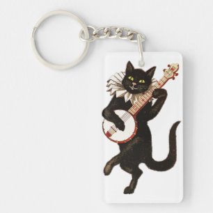 Cat Playing the Banjo Key Ring