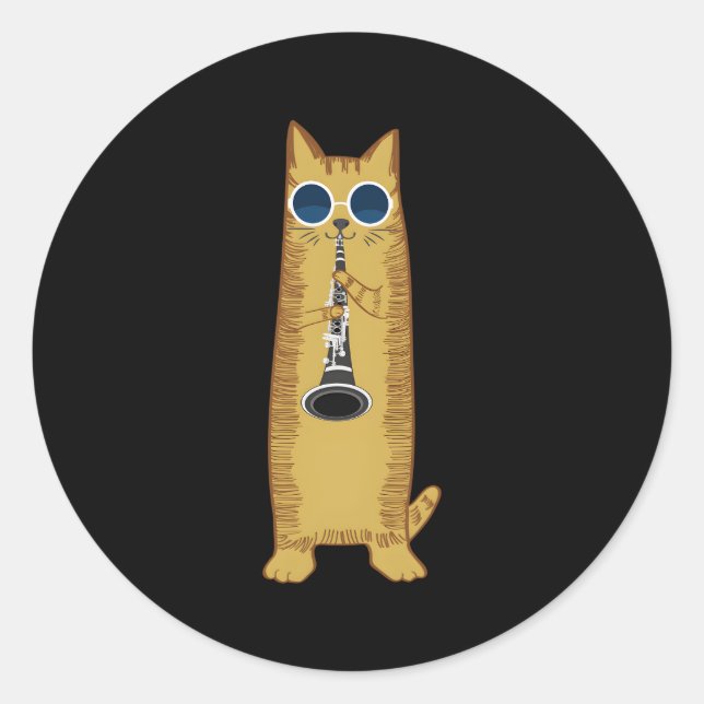 Cat Playing The Clarinet Hippy Hipster Kitty Classic Round Sticker (Front)