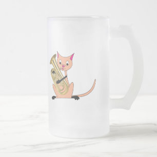Cat Playing the Euphonium Frosted Glass Beer Mug