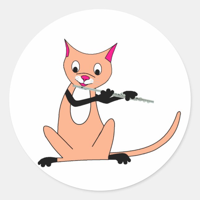 Cat Playing the Flute Classic Round Sticker (Front)