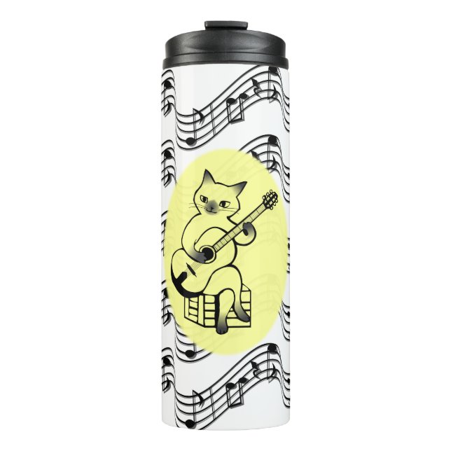 Cat Playing the Guitar on Music Notes Design Thermal Tumbler (Front)