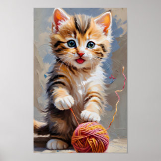 Cat Playing With A Ball Of Yarn Poster