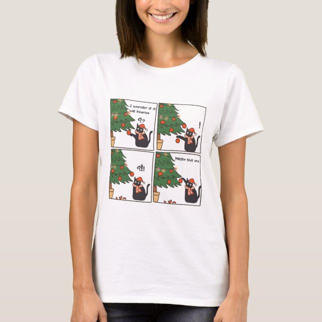 Cat Playing With Christmas Tree T-Shirt (Front)