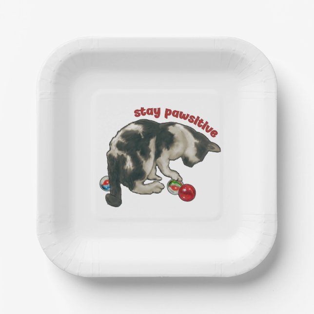 Cat Playing with MARBLES, Stay Pawsitive, Pun Paper Plate (Front)
