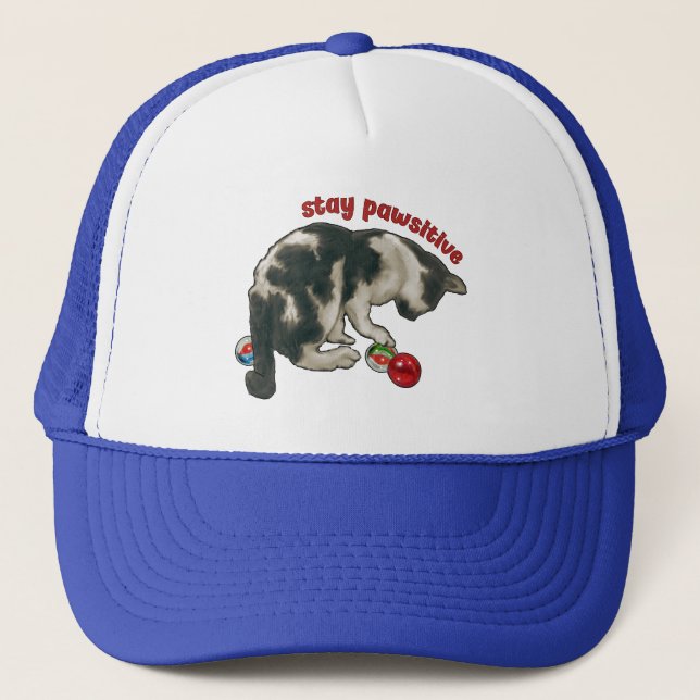 Cat Playing with MARBLES, Stay Pawsitive, Pun Trucker Hat (Front)