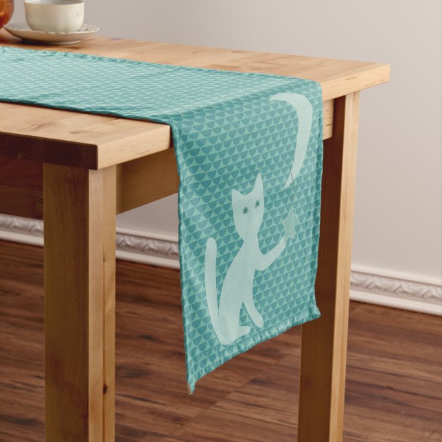 Cat Playing with Moon and Star Short Teal Short Table Runner (In Situ)