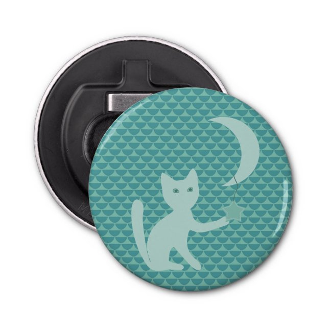 Cat Playing with Moon and Star Teal Bottle Opener (Front)