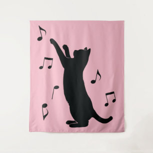 Cat Playing with Musical Notes in Silhouette Tapestry
